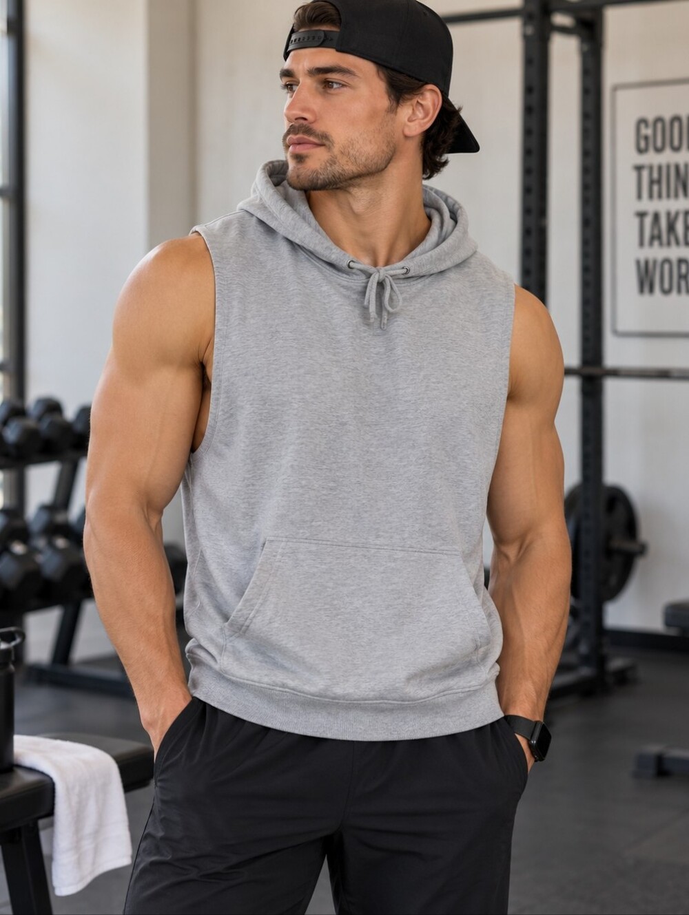 Oak + Fort Sleeveless Gym Guy Minimalist Grey Street Hoodie